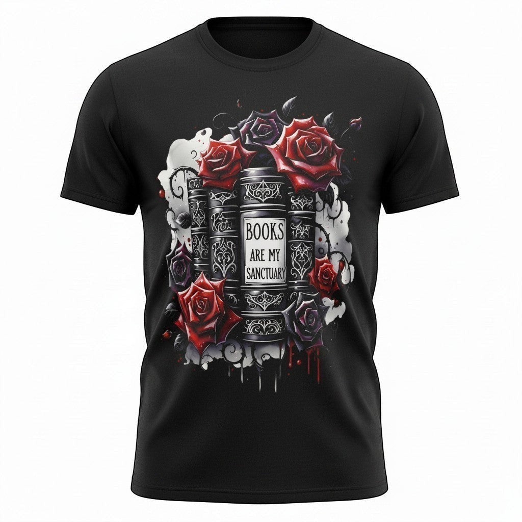 Black t-shirt with a graphic design of roses and books on a white background