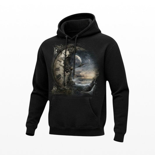 Black hoodie with a clock design on a white background