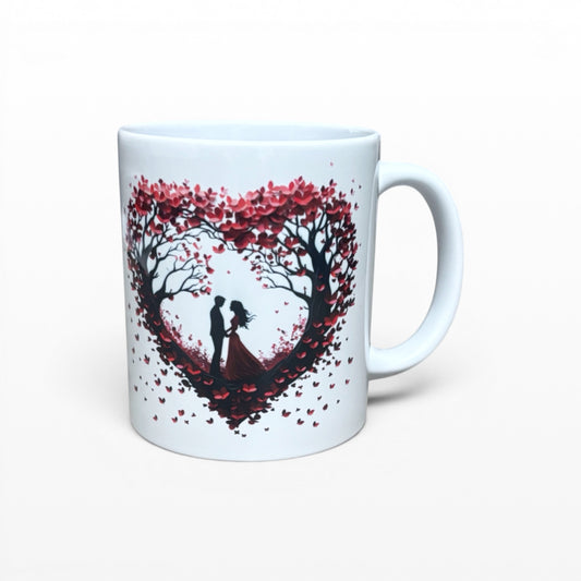 white mug couple inside heart of trees hand printed UK