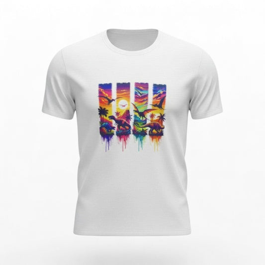 White t-shirt with colorful graphic design on a white background