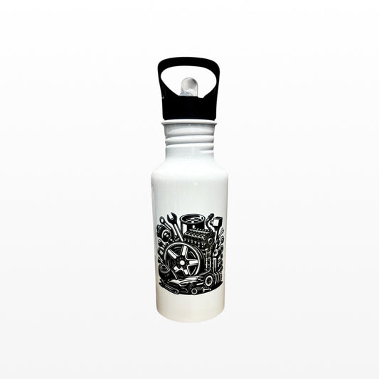 car enthusiast water bottle showing engine gift
