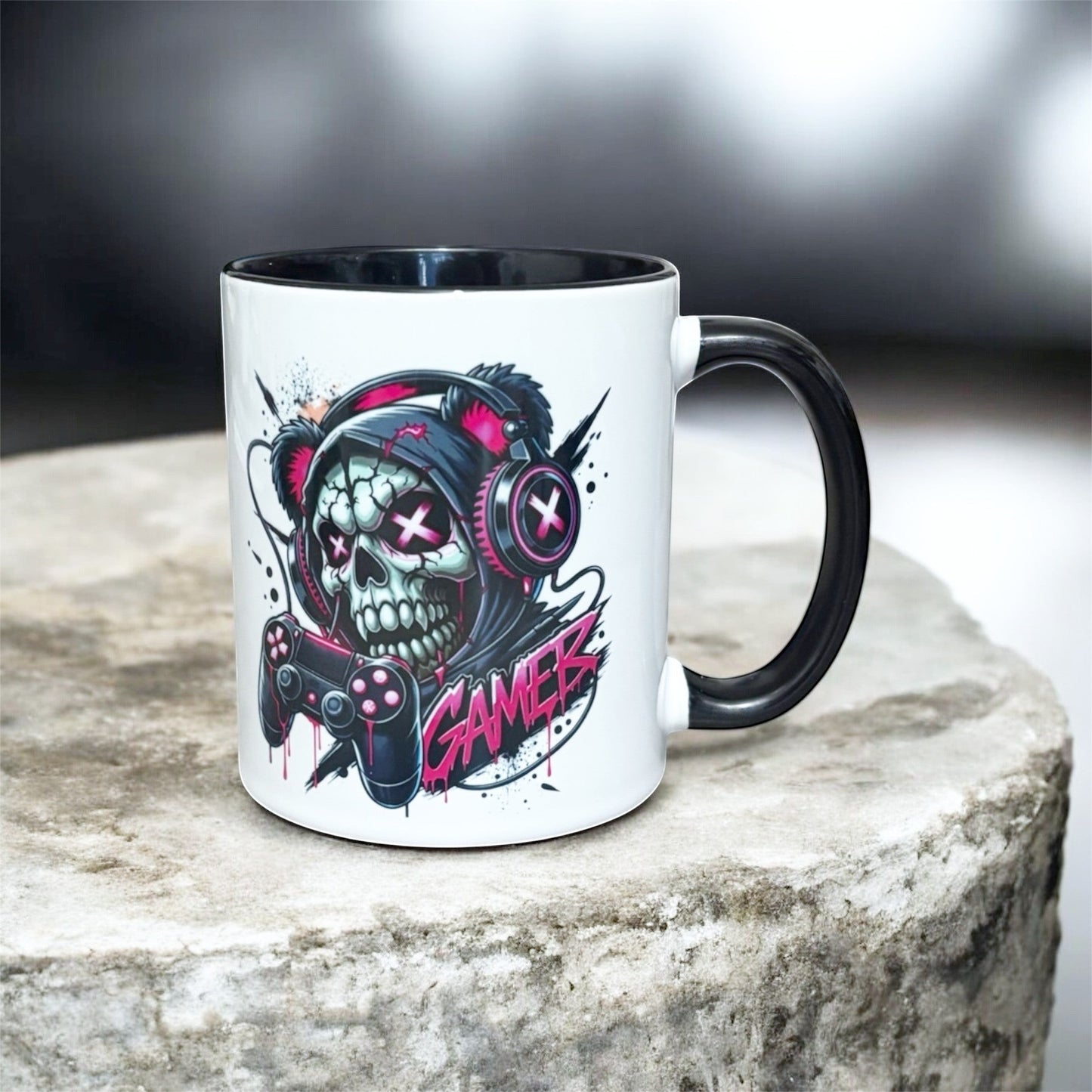 2 tone black inner and handle mug with a skull design and 'Gamer image hand printed in the UK
