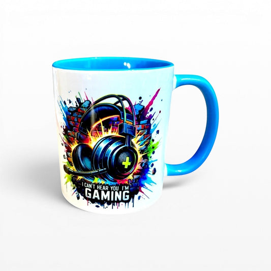 hand printed in the UK light blue 2 tone durham mug with headset gaming image