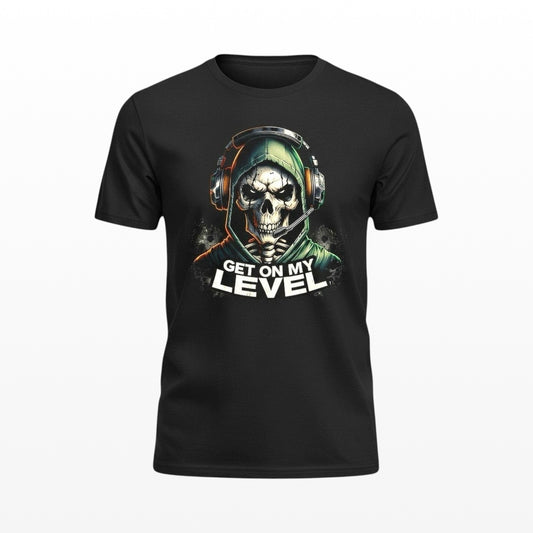 Black gaming t shirt with green skull and headset Grey Background