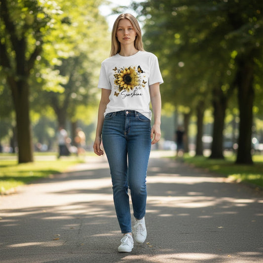 Woman walking in a park wearing a white t-shirt with a sunflower design