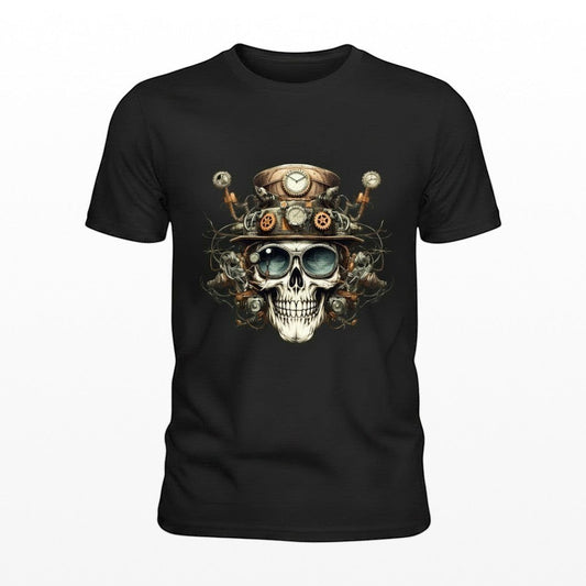 Black t-shirt with a steampunk skull design on a white background