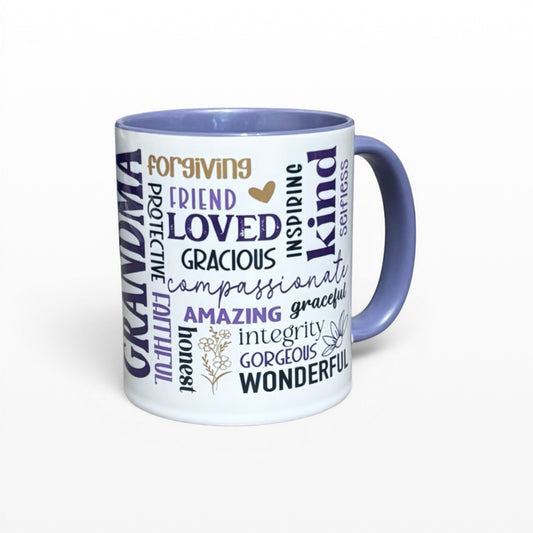 Purple handle and inner 2 tone mug with Grandma and meaningful text on hand printed UK