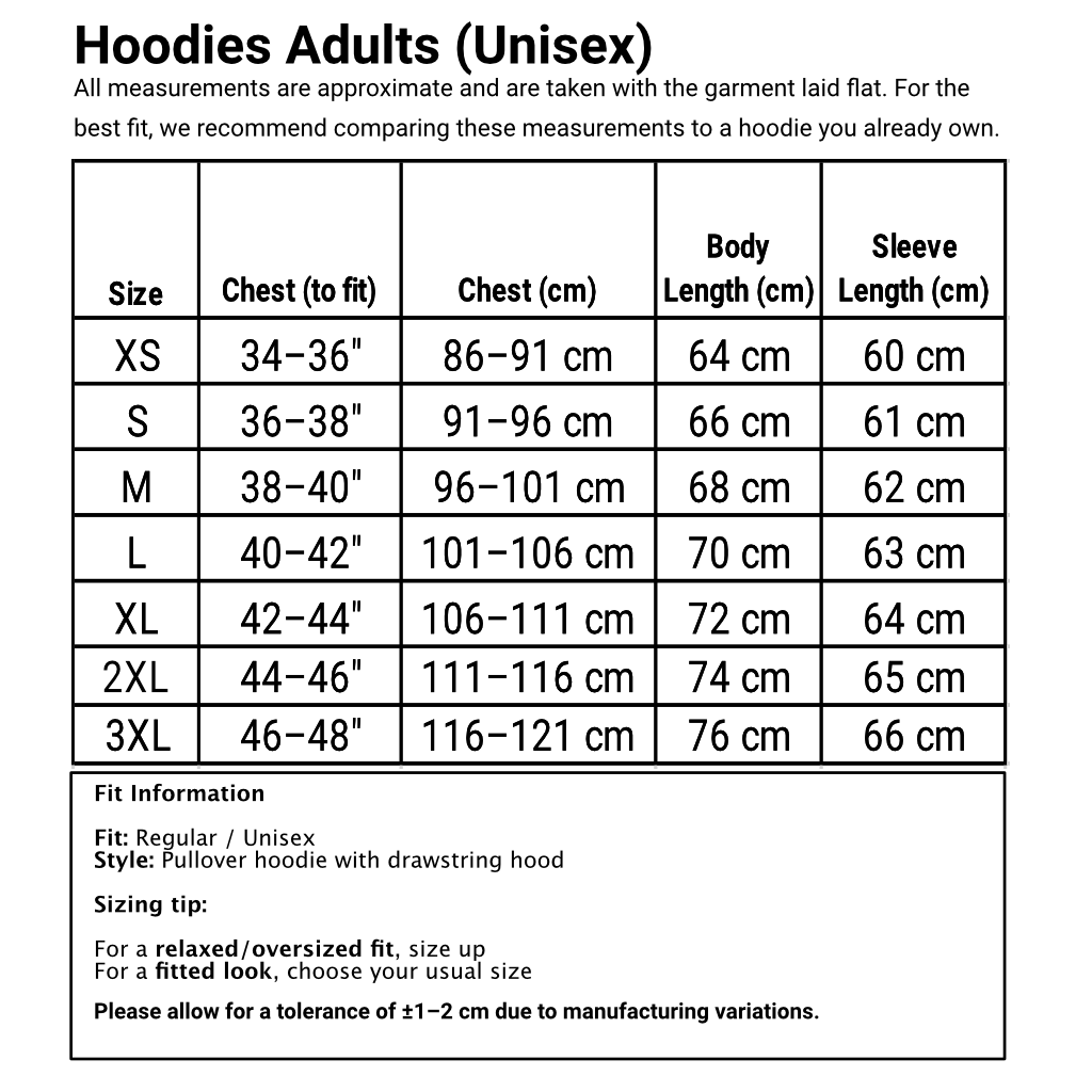 Adult Hoodies Sizing Chart