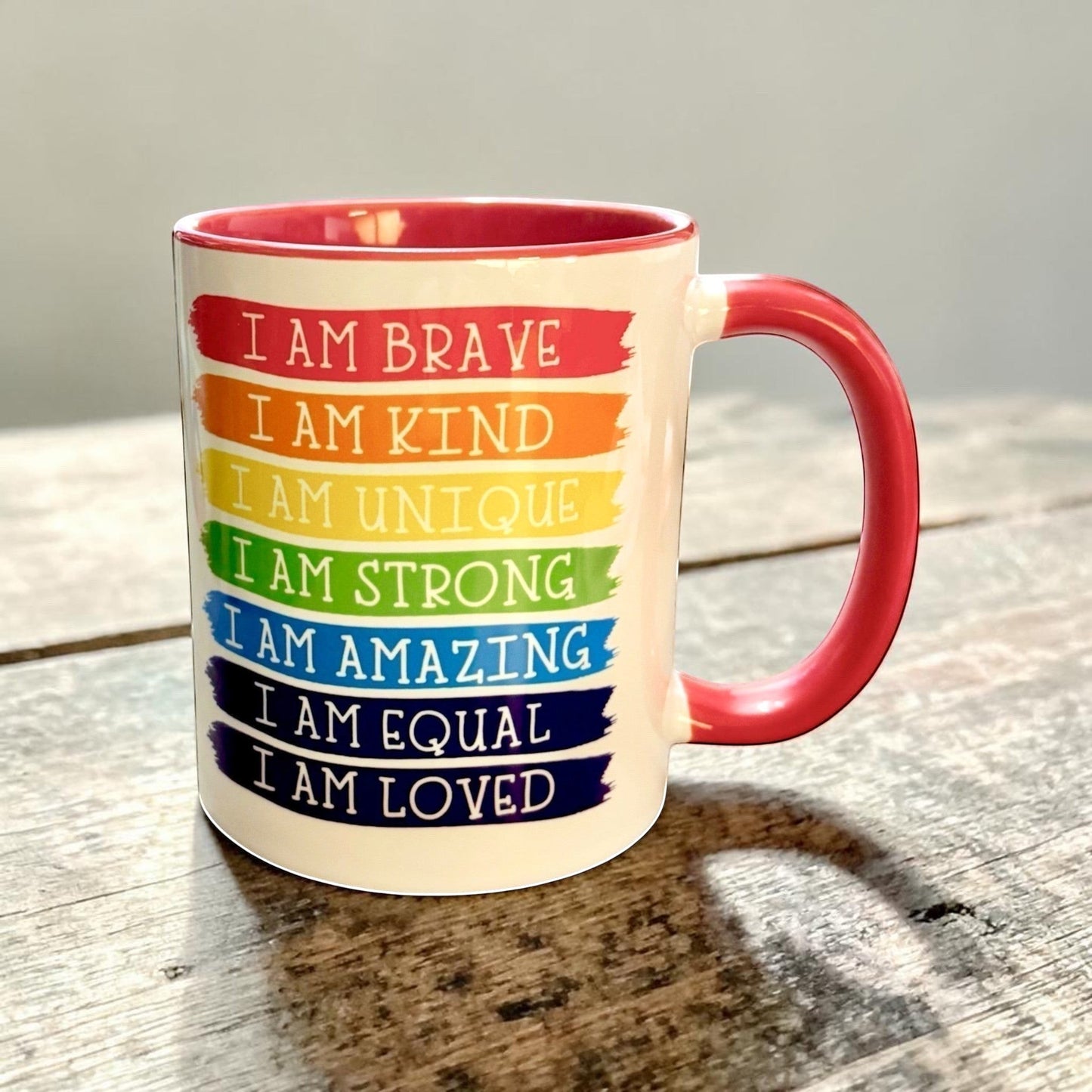 2 Tone Red Mug with motivational phrases in rainbow colours hand printed in the UK