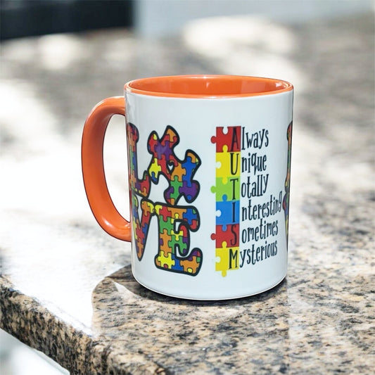 hand printed in the UK Orange 2-tone ceramic mug with Love Autism message on