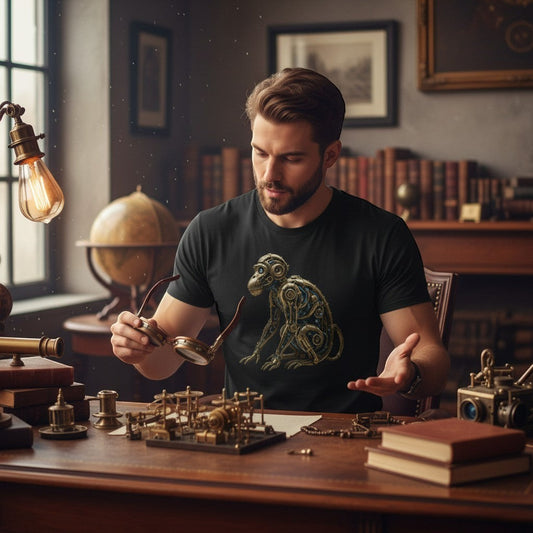 Man in a room with vintage equipment and books, wearing a black t-shirt with a monkey design.