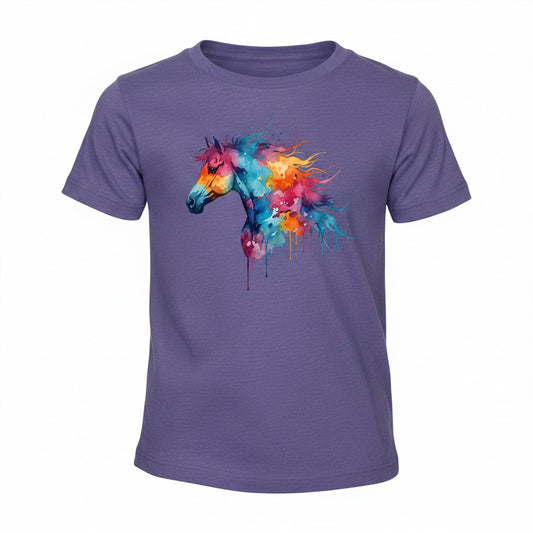 Purple t-shirt with a colourful horse graphic on a white background
