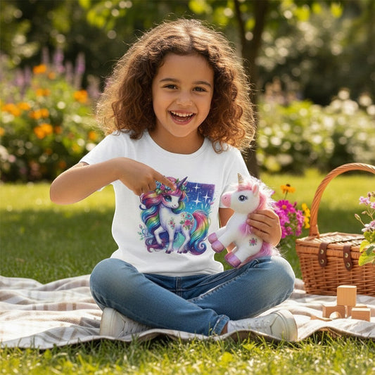 Child sitting on a blanket outdoors holding a plush unicorn toy, wearing a shirt with a unicorn design.