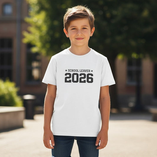 Child wearing a 'School Leaver 2026' t-shirt outdoors.