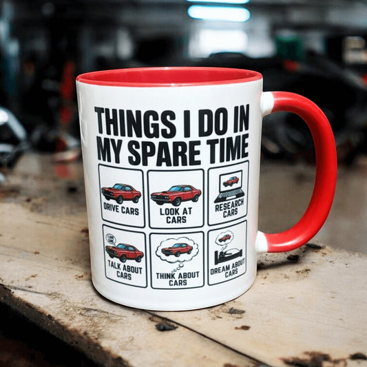 two tone red and white ceramic mug showing black writing and colourful car icons