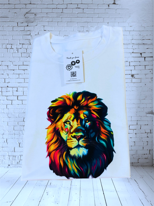Colourful Watercolour Lion on White T Shirt hand printed UK