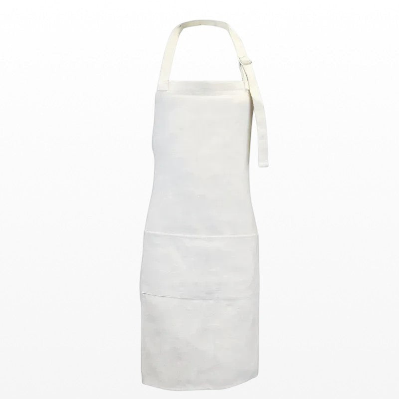 White linen baking apron with an adjustable neck strap and front pocket.