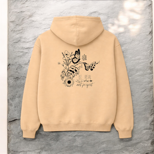 Pressed by hand in the UK Sand hoodie with a floral and butterfly design on the back
