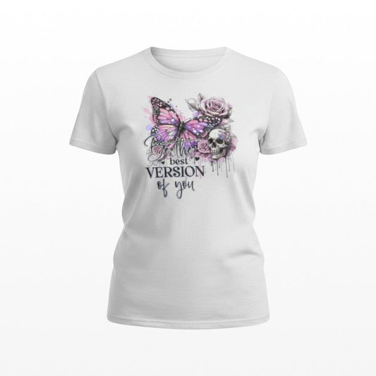 White t-shirt with a butterfly and floral design on a white background