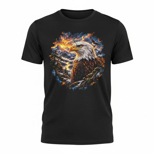 A black short-sleeve crewneck t-shirt featuring a large graphic print of a bald eagle in front of a fiery, smoky sky and snowy mountains.
