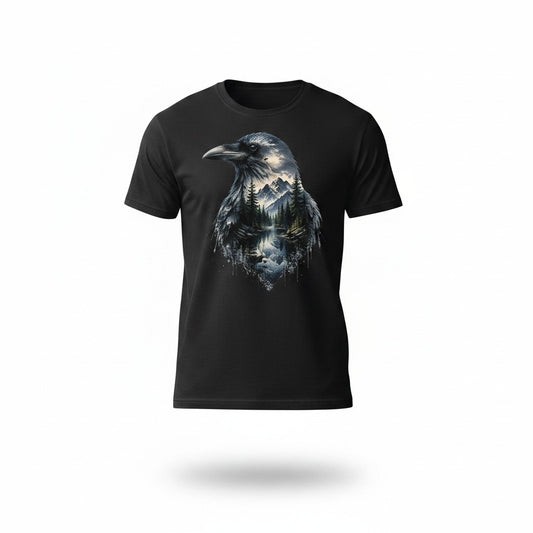 A black short-sleeve crewneck t-shirt featuring a detailed graphic of a Raven head filled with a forest and mountain landscape design, shown against a plain white background with a soft drop shadow.