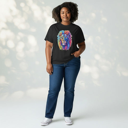 A Person wearing a black t-shirt with a colourful lion graphic