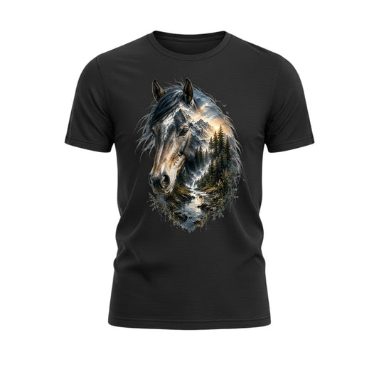 A black short-sleeve crewneck t-shirt featuring a large graphic print of a horse's head with a scenic forest and mountain landscape design integrated into its fur, shown on a plain white background.