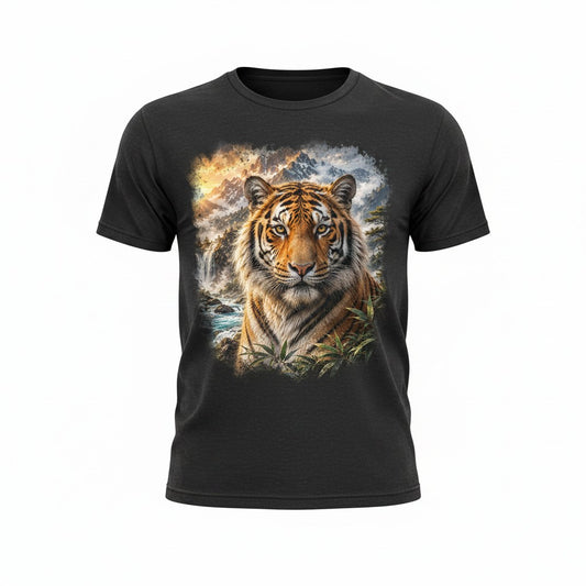 A black short-sleeve crewneck t-shirt featuring a large, detailed graphic print of a tiger's face and upper body emerging from a dramatic mountain and river landscape, shown on a plain white background.