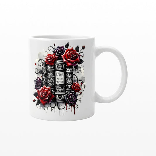 A great book lover gift, ceramic mug featuring black books and red roses with Books Are My Sanctuary text.