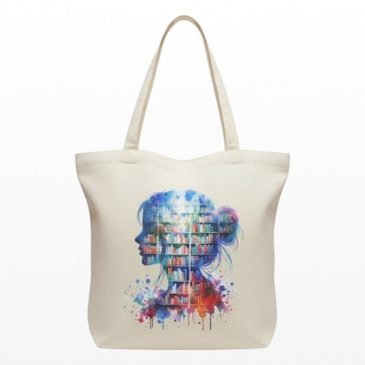Canvas tote bag featuring a colourful watercolour silhouette of a bookshelf for readers. Great bookish gift.
