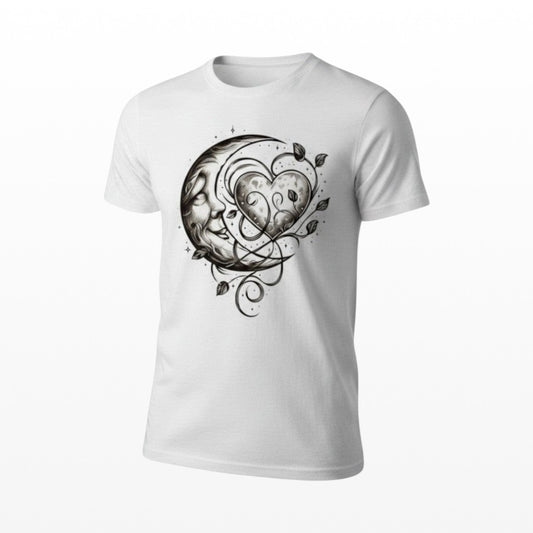 Illustrated Solutions Store white t-shirt with a monochrome celestial heart and moon graphic. Features botanical accents.