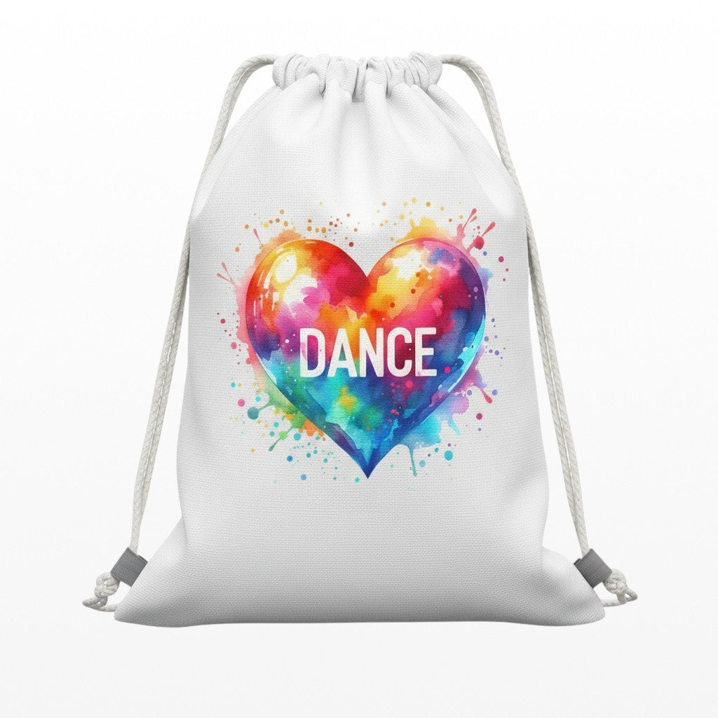 White drawstring bag with a colourful heart and 'DANCE' text on a white background