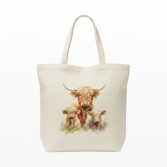 Highland Cow with calfs on a large tote bag