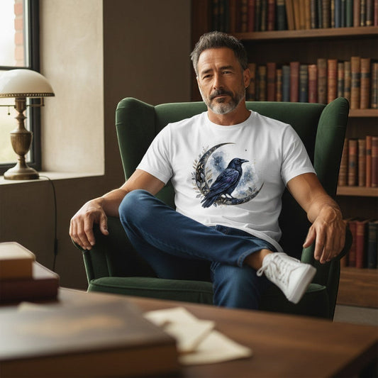 Man sitting in a chair wearing a white t-shirt with a bird design, in a room with bookshelves.