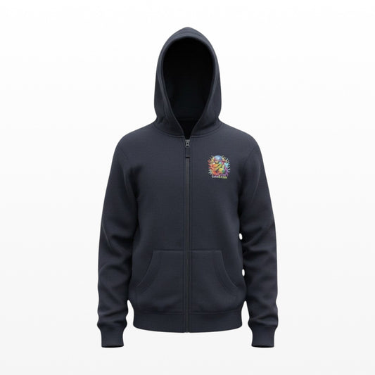 Black hoodie with a colorful logo on the chest against a white background