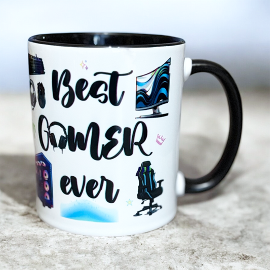 hand printed in the UK 2 tone black mug with 'Best Gamer Ever' text and gaming-themed illustrations