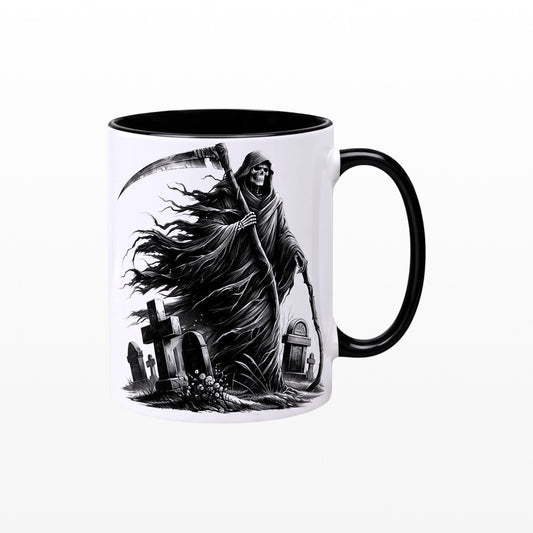 gothic ceramic mug featuring a monochrome Grim Reaper and graveyard illustration