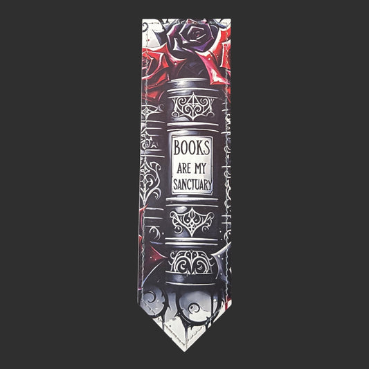 gothic PU leather bookmark featuring roses and Books Are My Sanctuary text, a lovely literary gift.