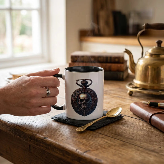 White ceramic mug with black handle showing a skull watch. Mug sat on a wooden table.