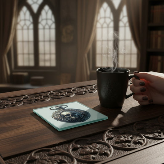 gothic skull glass coaster on wooden table in a gothic room