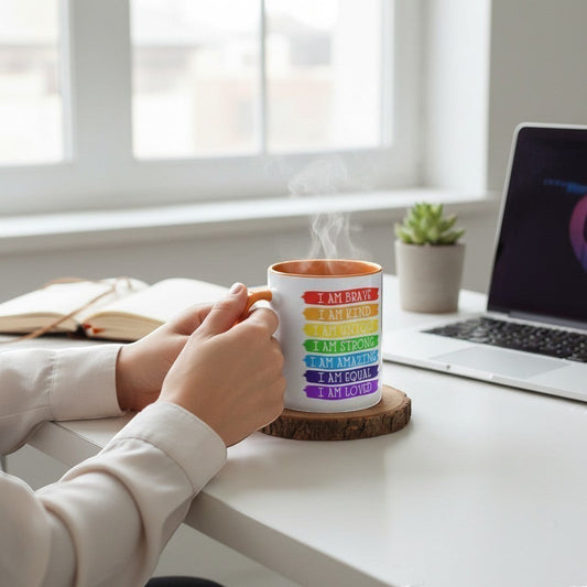 Illustrated Solutions Store affirmation mug with rainbow text listing positive affirmations like "I am Brave, I am Kind, I am Unique."