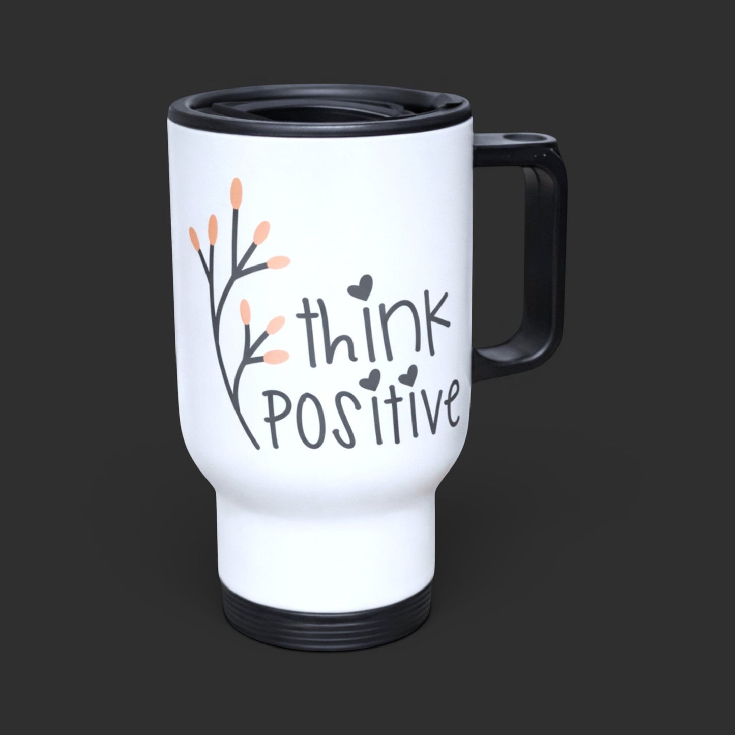 Illustrated Solutions Store white travel mug with black lid and handle, featuring
