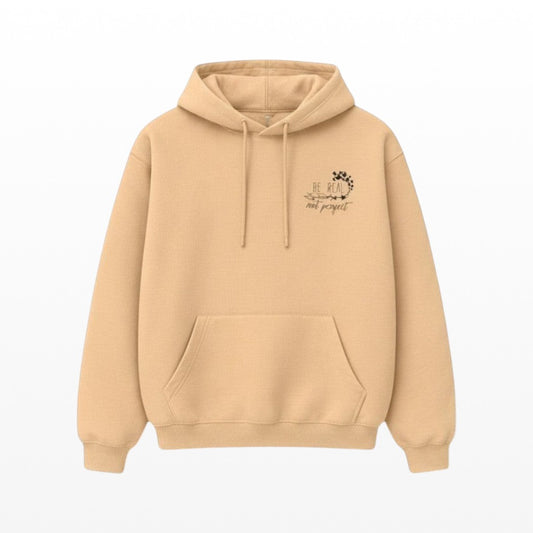 Illustrated Solutions Store beige cotton blend hoodie with 'Be Real Not Perfect' text and floral design.