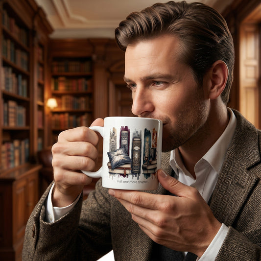 Man in tweed jacket drinking from an Illustrated Solutions Store ceramic mug with book-themed art and text