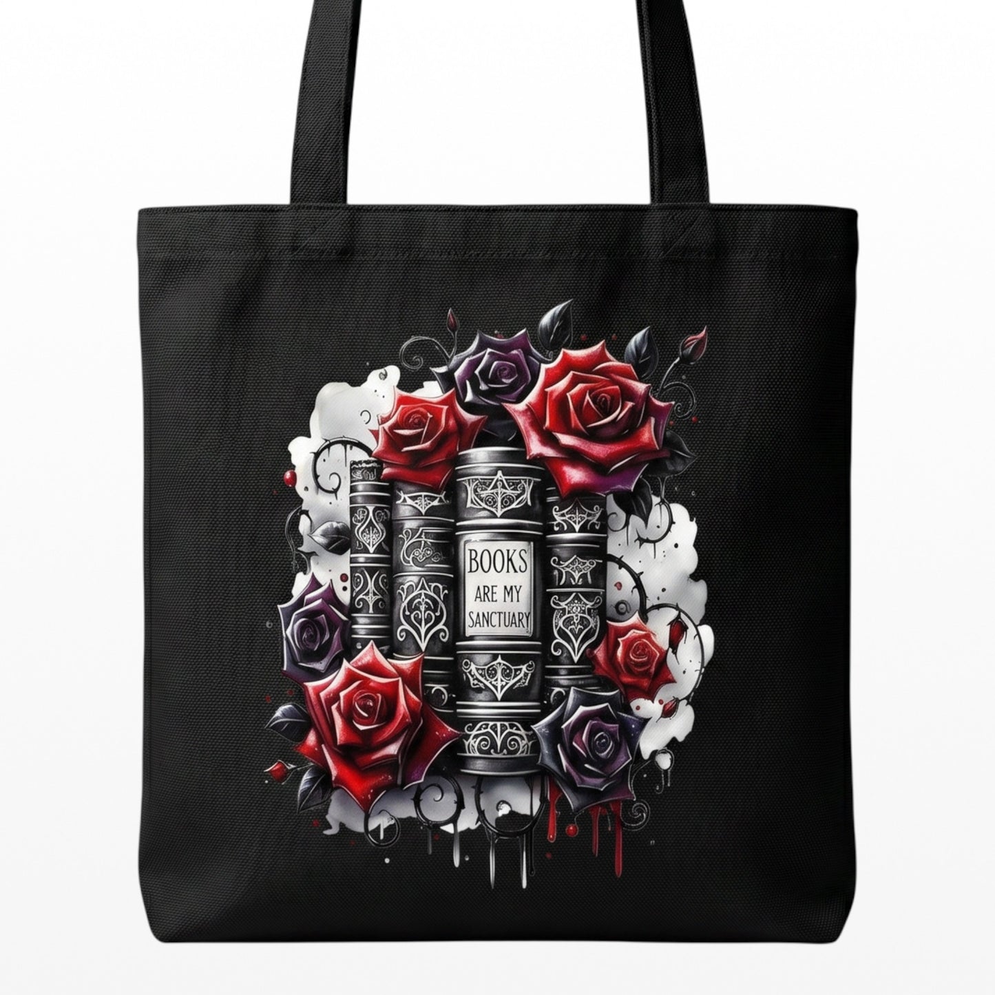 Illustrated Solutions Store black canvas tote bag featuring gothic books and red roses with Books Are My Sanctuary text
