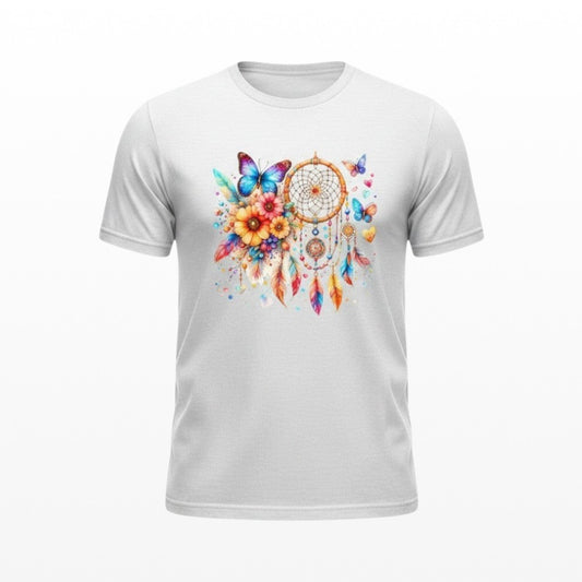 Illustrated Solutions Store white t-shirt with watercolour dreamcatcher, butterflies, flowers and feathers.