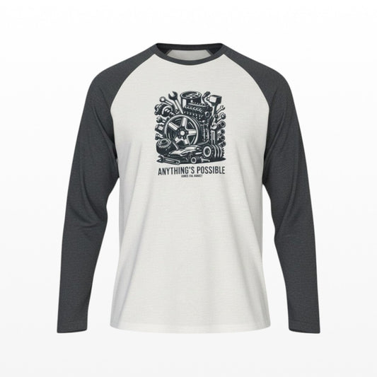 Illustrated Solutions Store white baseball shirt with dark grey sleeves, featuring a graphic of car engine parts and tools with text "Anything's Possible".