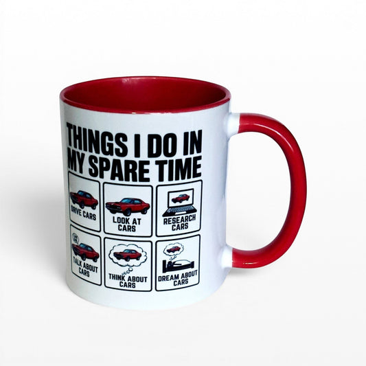 Illustrated Solutions Store white ceramic mug with red interior and handle, featuring