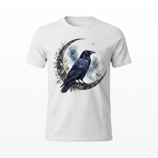Illustrated Solutions Store white t-shirt with a celestial raven perched on a moon graphic. Features watercolour cosmic accents.