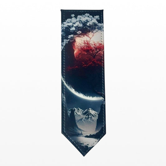 Illustrated Solutions Store crimson moon leather bookmark with mountain landscape and glowing moon. Gothic fantasy design.